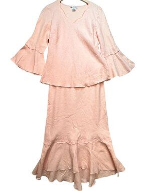 Jillian Jones Womens Linen Bell Sleeve Shirt Mermaid Skirt Stretch Sz 8 Peach